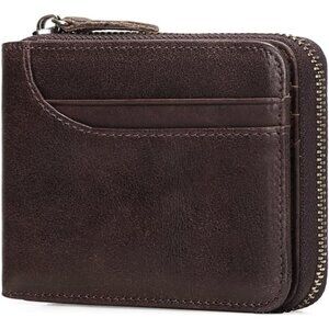 Men's A-Brown Wallets Genuine Leather Front Around Zip Pocket Credit Card